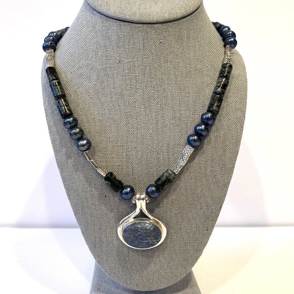 Vintage DENDRITIC AGATE 925 Silver Pendant Necklace Earring Set Parure - Picture 3 of 11